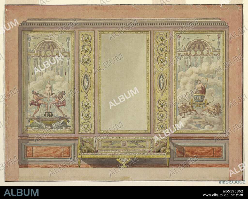 Elevation of a Salon Wall, for the Palace of the Prince of Hesse, Etienne Dubois, French, 1766 - 1839, Pen and black ink, brush and watercolor, gold paint on paper, Sofa stands under an empty oblong frame and two pilaster strips and is flanked by wainscotted dados before the center of the wall. A decorative panel with a fountain is at left. Another with Ceres in clouds, at right. Ink lines along edges., France, ca. 1790, architecture, interiors, Drawing, Drawing.