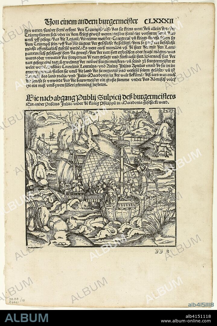 Illustration from Romische Historien, plate fifteen from Woodcuts from Books of the XVI Century. Unknown Artist (German, 16th century); assembled by Max Geisberg (Swiss, 1875-1943). Date: 1507. Dimensions: 141 × 154 mm (image); 239 × 154 mm (image/te×t); 310 × 217 mm (sheet). Woodcut on paper. Origin: Germany.