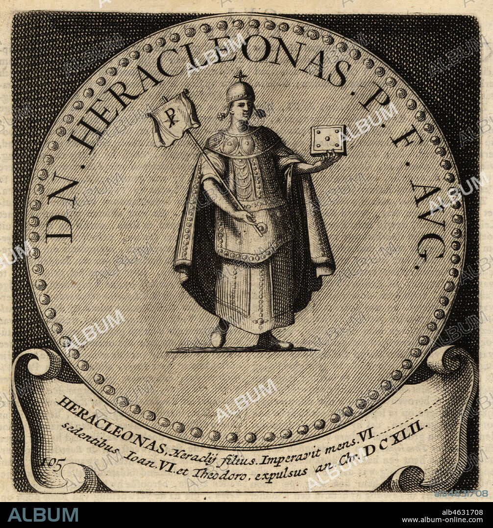 Byzantine Emperor Heraklonas, 626-641. Constantine Heraclius, Flavius Constantinus Heraclius (Heraclianus) Augustus or Herakleonas, Eastern Roman Emperor. Copperplate engraving from Abraham Bogaerts De Roomsche Monarchy, The Roman Monarchy, Francois Salma, Utrecht, 1697.