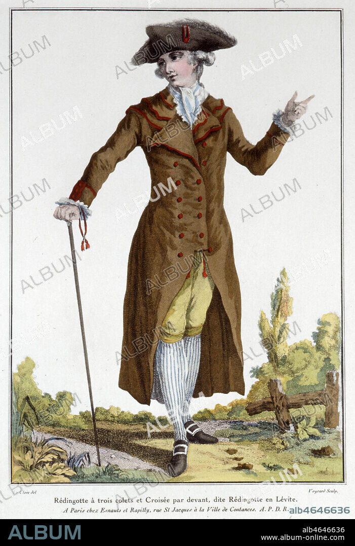'Redingote a 3 colets dite redingote en levite' Gravure de mode, gravee par Leclerc vers 1775, imagerie Esnauts et Rapilly rue St Jacques. Estampe XVIIIeme siecle. Galerie des Modes et du costume francais, premier journal de modes francais fonde en 1778, illustre par Leclerc, Watteau ou A de St AUbin, fonde en 1778, 18eme siecle . Credit COllection VAV/Kharbine Tapabor.