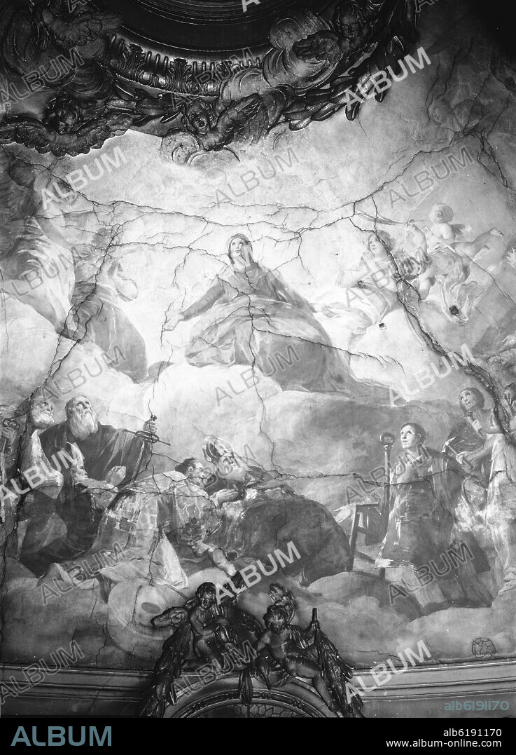 FRANCISCO DE GOYA. VIRGEN CON ANGELES SAN PEDRO Y SAN PABLO SAN VICENTE, SAN VALERO Y SAN LORENZO - CUPULA REGINA MARTIRUM - 1780-1781 - FOTO B/N - AÑOS 50.