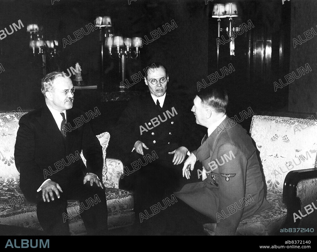 Vyacheslav Mikhailovich Molotov (9 March 1890 8 November 1986) was a Soviet politician and diplomat, an Old Bolshevik, and a leading figure in the Soviet government from the 1920s, when he rose to power as a protégé of Joseph Stalin.<br/><br/>. Molotov served as Chairman of the Council of People's Commissars (Premier) from 1930 to 1941, and as Minister of Foreign Affairs from 1939 to 1949 and from 1953 to 1956. He served as First Deputy Premier from 1942 to 1957, when he was dismissed from the Presidium of the Central Committee by Nikita Khrushchev.<br/><br/>. Adolf Hitler (20 April 1889 30 April 1945) was a German politician of Austrian origin who was the leader of the Nazi Party (NSDAP), Chancellor of Germany from 1933 to 1945, and Fuhrer ('leader') of Nazi Germany from 1934 to 1945.<br/><br/>. As dictator of Nazi Germany he initiated World War II in Europe and was a central figure of the Holocaust.