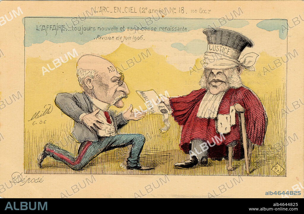Caricature a propos de la réhabilalition de Dreyfus en juin 1906: 'L'affaire...toujours nouvelle et sans cesse renaissante'. (Juge les yeux bandes donnant a dreyfus sa rehabilitation). Credit: Collection IM/Kharbine-Tapabor.