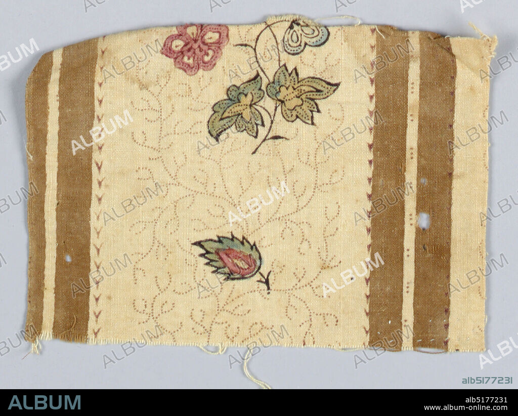 Fragment, Medium: cotton Technique: printed by engraved copper plate on plain weave, Small off-white fragment with two brown stripes on either side. The central off-white stripe is printed with a flower spray and leaf in red, blue, yellow and black. A very fine trailing vine in brown picotage forms the background pattern., England, early 19th century, printed, dyed & painted textiles, Fragment.