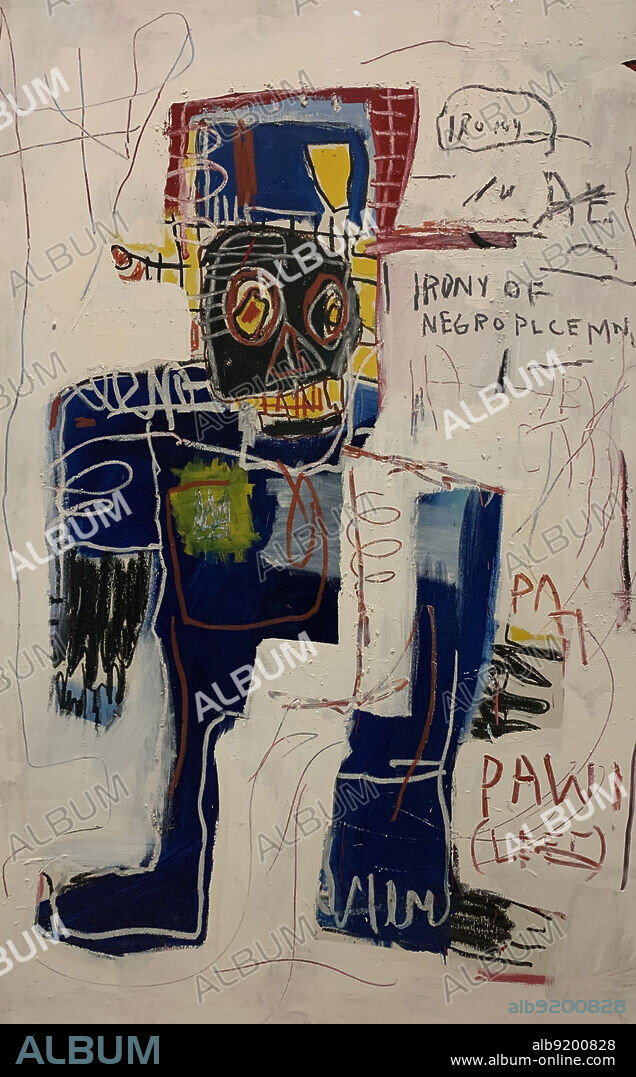 Jean-Michel Basquiat/  Irony of a Negro Policeman, 1981. Acrylic and oil painstick on wood. 72'' x 48''.