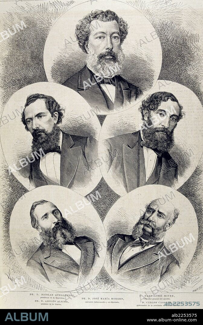 AVELLANEDA , NICOLAS. PRIMERO DE LA SEGUNDA FILA. POLITICO ARGENTINO 1836 - 1885. GRABADO DE LA ILUSTRACION ESPAÑOLA Y AMERICANA. JUNTO A ADOLFO ALSINA , JOSE MARIA MORENO , BARTOLOME MITRE Y CARLOS CASARES.