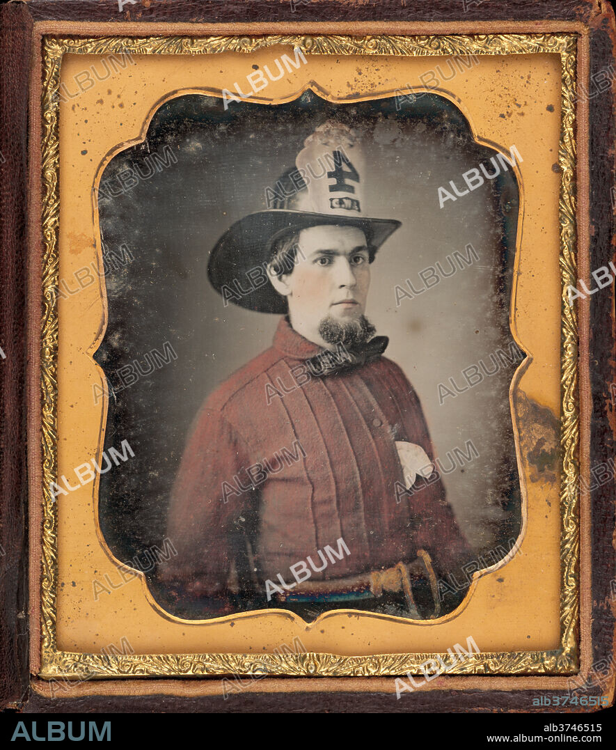 AMERICAN 19TH CENTURY. Portrait of a Fireman. Dated: c. 1850. Dimensions: image: 7 × 6.1 cm (2 3/4 × 2 3/8 in.)  framed: 8.3 × 7 cm (3 1/4 × 2 3/4 in.)  case (closed): 9.3 × 8 × 1.8 cm (3 11/16 × 3 1/8 × 11/16 in.). Medium: daguerreotype with applied color.