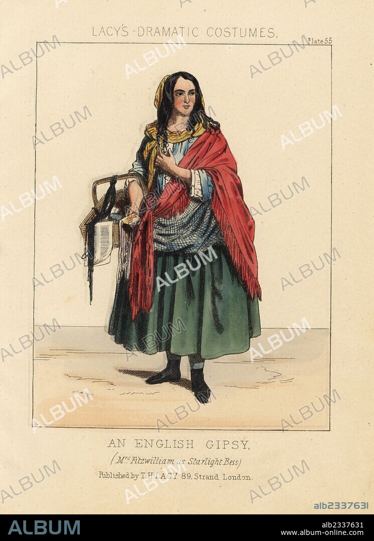 Actress Mrs. Frances "Fanny" Fitzwilliam as the gypsy Starlight Bess in the play "Flowers of the Forest! A Gipsy Story," 1847. Handcoloured lithograph from Thomas Hailes Lacy's "Female Costumes Historical, National and Dramatic in 200 Plates," London, 1865. Lacy (1809-1873) was a British actor, playwright, theatrical manager and publisher.