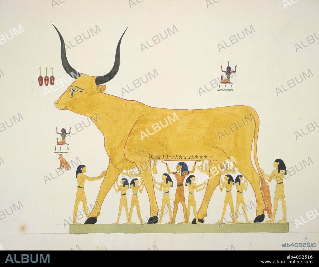ROBERT ESQ. OF LINPLUM HAY. Representation of the Celestial Cow from the tomb of Seti I (Ancient Egypt). . Views, water-colour drawings, sketches of buildings and monuments, and copies of mural paintings, inscriptions, and various objects of antiquity in Egypt, taken by F. Arundale, Joseph Bonomi, James Burton, Robert Hay, F. Catherwood, A. Dupuy, Edward William Lane, Charles Laver, and other artists, during an expedition organised by Robert Hay, Esq., of Linplum, N.B., in the years 1826-1838. 1826 - 1838. Watercolour. Source: Add. 29820 f.97.