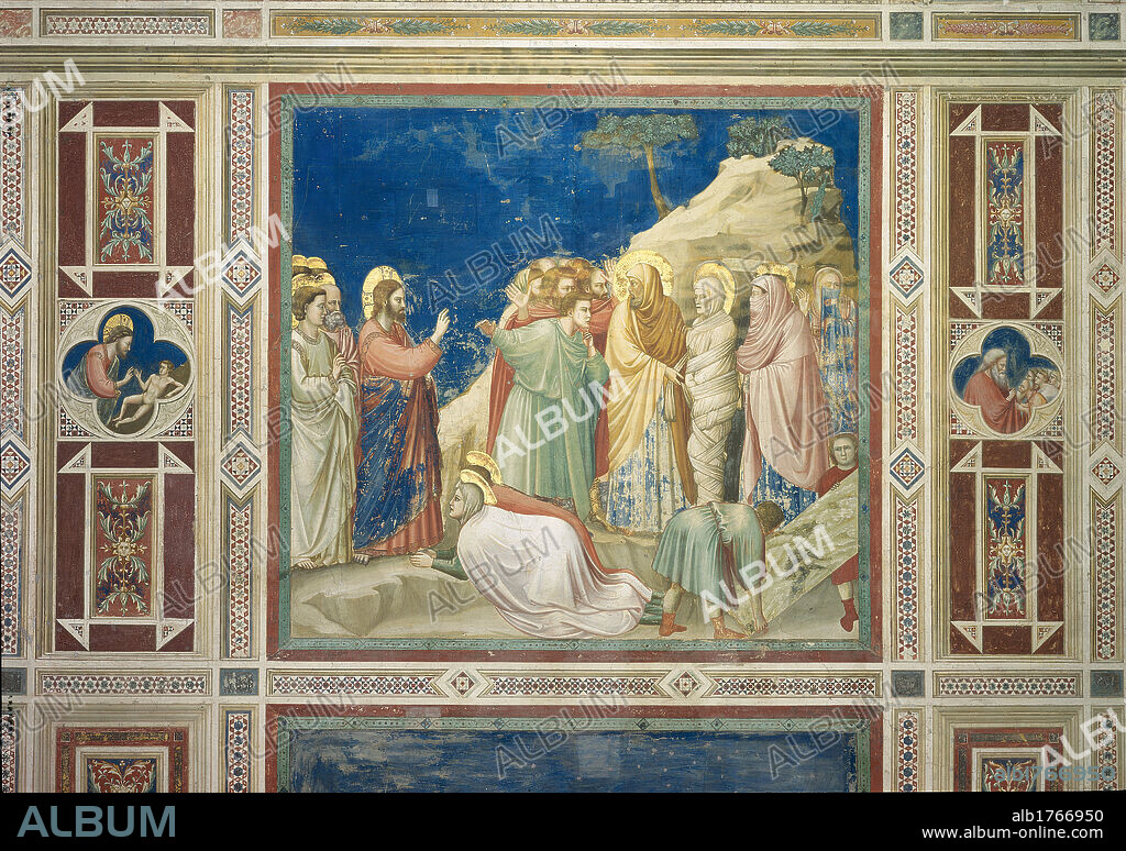 Scenes from the Life of Christ Raising of Lazarus, by Giotto, 1304-1306, 14th Century, fresco,. Italy, Veneto, Padua, Scrovegni Chapel. All. Jesus Christ raises a man from the dead in Jerusalem in the presence of many onlookers bystanders.