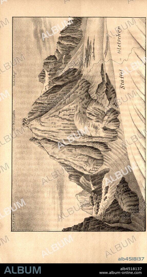 Stäffel Glacier, View of Stäfel Glacier and Gross Windgällen, p. 62, Gottlieb Studer, Gottlieb Studer, Melchior Ulrich, Johann Jakob Weilenmann: Berg- und Gletscher-Fahrten in den Hochalpen der Schweiz. Zürich: Schulthess, 1859-1863.