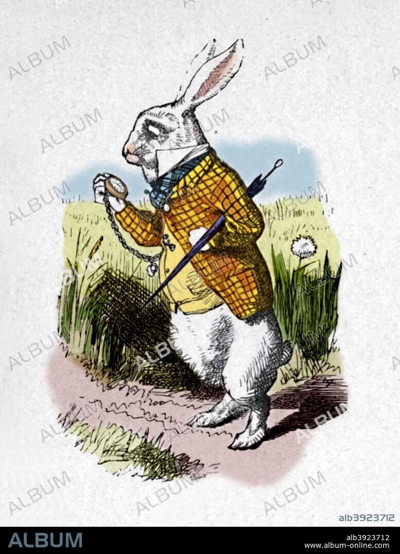 'The White Rabbit with a watch', 1889. Lewis Carroll's (1832-1898) 'Alice in Wonderland' as illustrated by John Tenniel (1820-1914). From Alice's Adventures in Wonderland by Lewis Carroll. [Macmillan & Co., New York, 1889].  (Colorised black and white print).