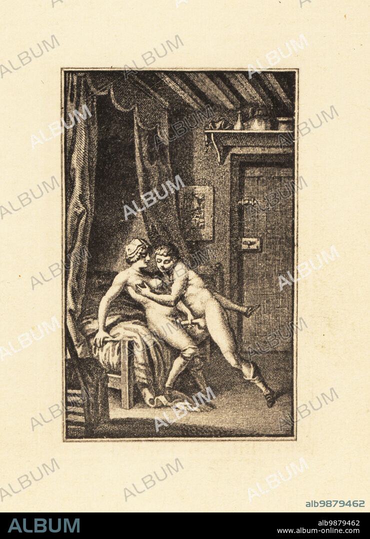 A naked maid in bonnet and silk stockings guides a man's penis to penetrate her, 18th century. The man is naked expect for hose and shoes. Copperplate engraving heliogravure by Francois Rolland Elluin after Antoine Borel from Jean-Charles Gervaise de Latouches Memoiren des Saturnin, von ihm selbst Niedergeschreiben, Privatdruck, Liepzig, 1911. Also known as Le Portier des Chartreux, it was one of several erotic novels written by Latouche, 1715-1782, a lawyer at the Paris Parliament.