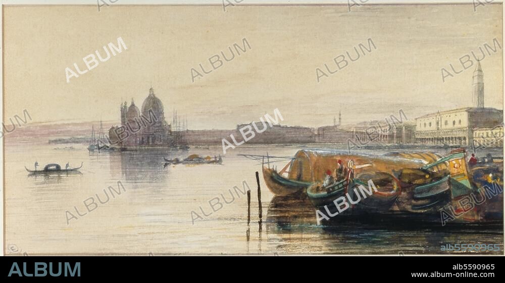 EDWARD LEAR. Lear, Edward. 1812-1888. "S. Maria della Salute & the Doge's Palace from across the Bacino at Sunset". Watercolour heightened with bodycolour, 10 × 19.5cm. London, Sotheby's. Lot 222, 11/07/91.
