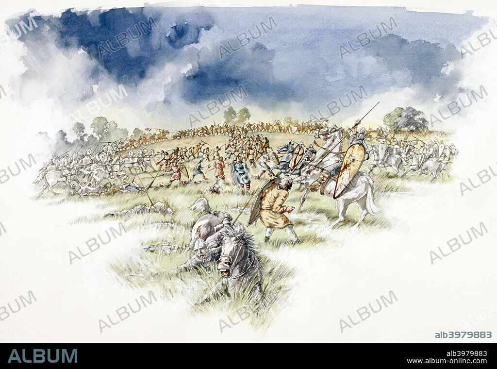 PETER DUNN. Battle of Hastings, 1066 (c1990-2010). Reconstruction drawing showing the Normans counter-attacking English Fyrdmen cut off on a hillock.