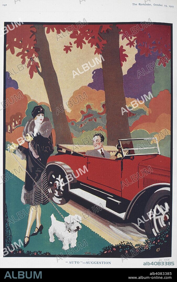 NICK. ''Auto''-suggestion ' A woman with a dog on a leash is standing next to a red car with a man driving it. The bystander. London : The Bystander, 1903-1940. Source: Z.C.9.d.560, 19 October 1927, page 142.