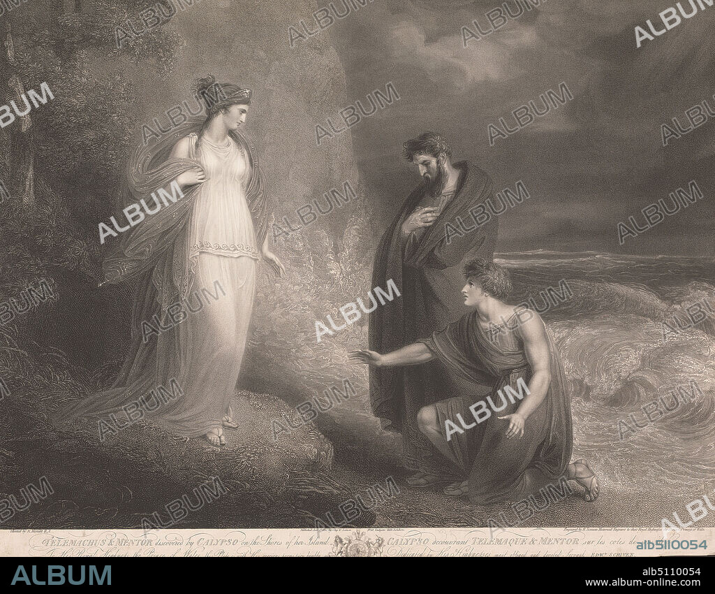 Telemachus and Mentor Discovered by Calypso, Edward Scriven, 17751841, British, And Thomas Williamson, active 1802, after Richard Westall, 17651836, British, 1810, Engraving on moderately thick, moderately textured, cream, laid paper, Sheet: 22 × 28 7/8 inches (55.9 × 73.3 cm) and Image: 20 7/8 × 28 3/8 inches (53 × 72.1 cm), Greek mythology, religious and mythological subject, Telemachus and Calypso, Telemachus starts out with Mentor, in search of his father.
