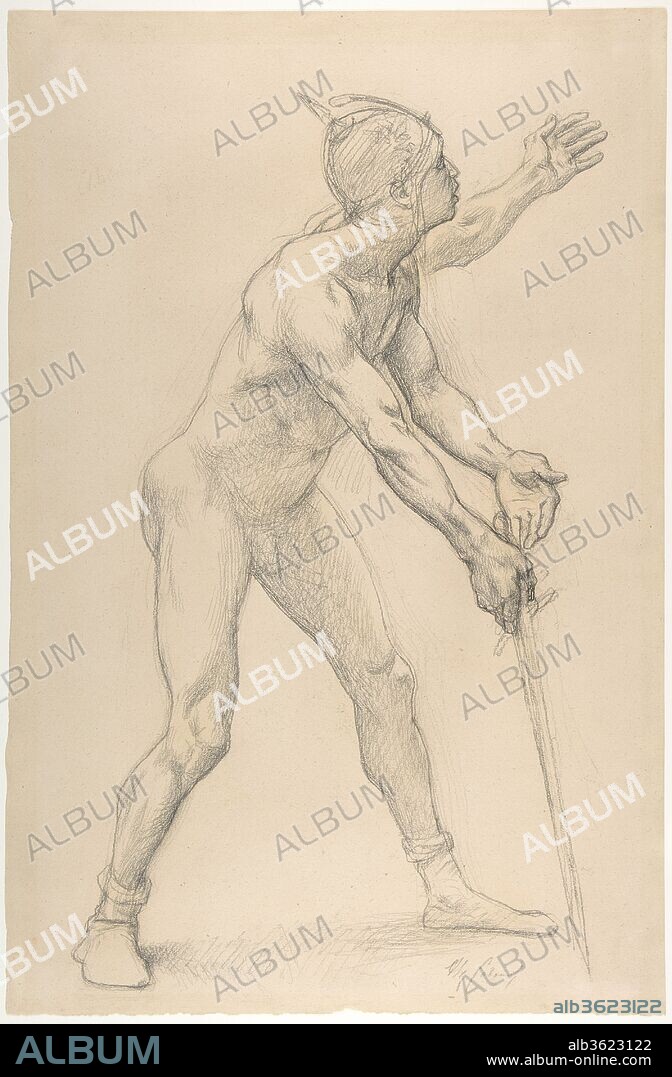 Nude Male Figure with a Sword. Artist: Alexandre Cabanel (French, Montpellier 1823-1889 Paris). Dimensions: 19 7/16 x 12 11/16 in. (49.3 x 32.3cm). Date: 1878.
The drawing is a study for one of the Muslims in the Captivity of St. Louis in Palestine, one of four scenes from the Life of St. Louis, painted by Cabanel in 1878 in the Panthéon, Paris.