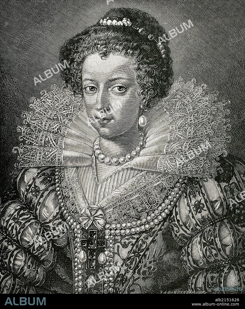 Isabel de Austria (1554-1592). Archiduquesa de Austria, hija del Sacro Emperador Romano Maximiliano II de Habsburgo y de María de Austria y Portugal, Infanta de España. Esposa del rey de Francia Carlos IX. Grabado por R. Brend'Amour. "Historia Universal", año 1885.