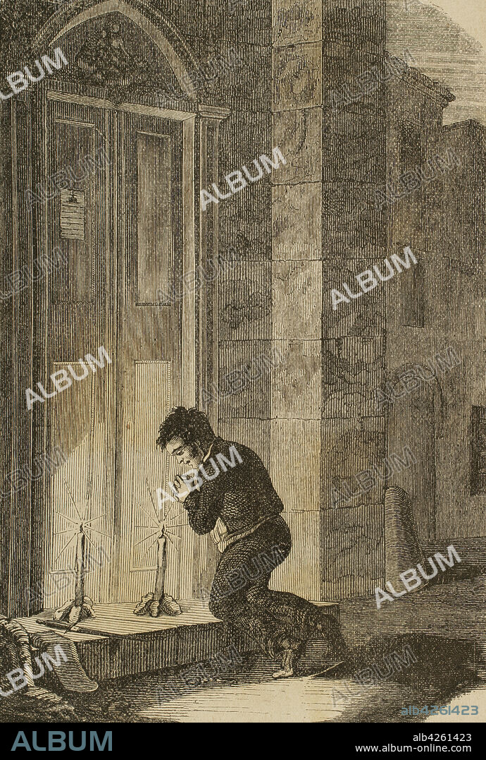 Joan Serra, conocido como "el Pera" (m. 1815). Bandolero catalán que atemorizó a los habitantes de los alrededores de la localidad de Valls (provincia de Tarragona, Cataluña). Serra asesinaba a sus víctimas sin robarles nada, solamente por el placer que ello le producía, según confeso él mismo antes de ser ajusticiado. Además, después de cometer un asesinato, acudía durante la noche a Valls, arrodillándose ante la puerta de la Esglèsia del Carme (Iglesia del Carmen), encendiendo un par de cirios rezaba a la Vírgen por él y por sus víctimas. Tras ser apresado, el 19 de diciembre de 1815 fue colgado, arrastrados sus restos dentro de un cesto por un asno, posteriormente descuartizado y exponiéndose su cabeza en público en Valls. Otras partes de su cuerpo se repartieron entre otros pueblos para su exhibición pública. Grabado. Historia de las Escuadras de Cataluña, 1876.