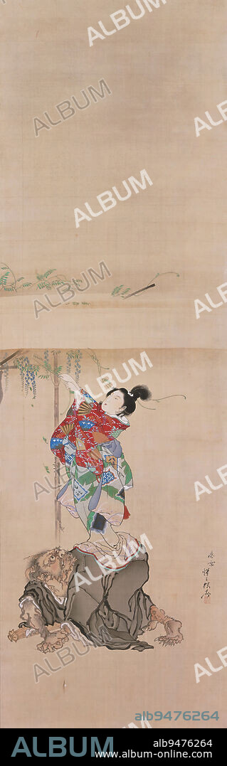 Wisteria Maiden and Demon Priest, c. 1872, Kawanabe Kysai, Japanese, 1831 - 1889, 43 1/8 × 13 3/8 in. (109.54 × 33.97 cm) (image)77 3/8 × 18 in. (196.53 × 45.72 cm) (mount)78 3/4 × 20 1/8 × 2 in. (200.03 × 51.12 × 5.08 cm) (mount, with roller), Ink and color on silk, Japan, 19th century, This comical juxtaposition of the beauty and the beast pairs two popular characters from folk paintings sold as souvenirs. The Wisteria Maiden steps on the back of a demon priest to pull a branch of wisteria, ignoring his rapturous gaze and using him as no more than a footstool.