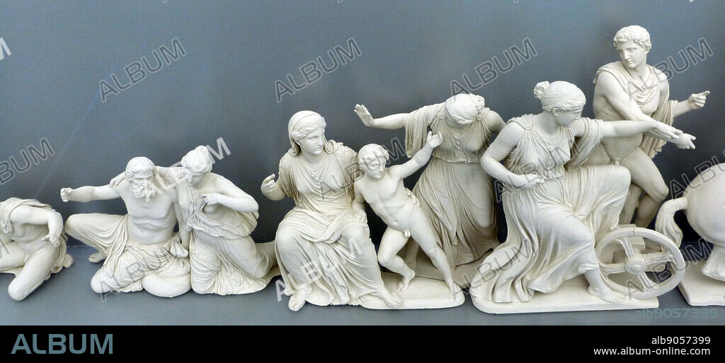 Reconstruction of the west pediment of the Parthenon according to a drawing by K. Schwerzek (1896) Acropolis museum, Athens. Legendary personalities from Athenian mythology fills the space out to the acute corners of the pediment.