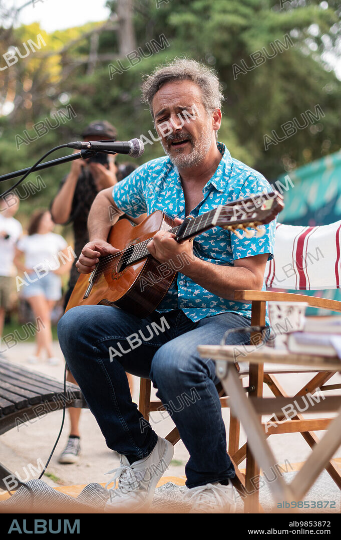 Santi Balmes, Spanish indie-pop musician and writer, front man of the band Love of Lesbian, performs live at El Kiosko de las Letras in Labordeta Park, Zaragoza, Spain .