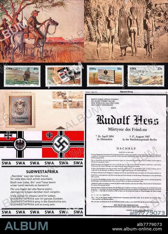 Namibia, Namibias Weg zur Unabhaengigkeit (1884-1920 Kolonie Deutsch-Südwestafrika, 1920 bis 1990 als Mandatsgebiet des Völkerbund Teil von Südafrika), Angebot in einem Antiquitätenladen (Peter's Antiquitäten) in Swakopmund, Erinnerungen an die deutsche Kolonialzeit mit Bildern, Aufklebern, Briefmarken und Postkarten. Rechts die ganzseitige Todesanzeige für Rudolf Hess aus der deutschsprachigen Tageszeitung "Allgemeine Zeitung" vom 21.08.1987. Swakopmund,1988.