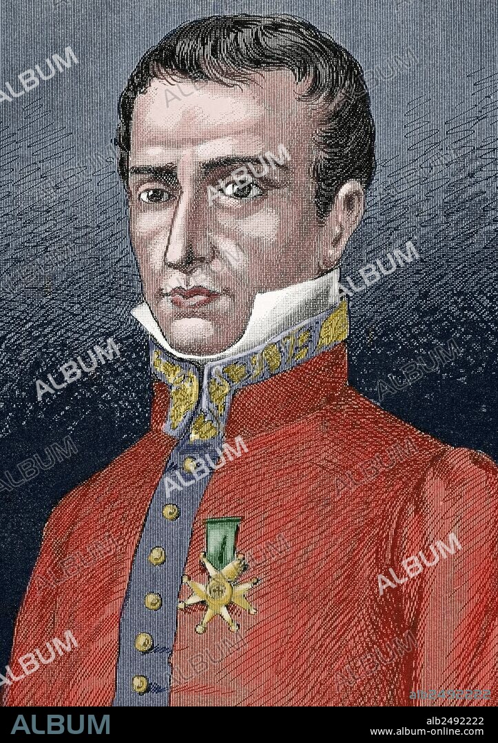 JOSE MANSO Y SOLA (1785-1863). General y capitán general del ejército real en los reinos de Fernando VII e Isabel II. Guerrillero y héroe en la Batalla del Bruc. Grabado por J. Serra Pausas. Coloreado.