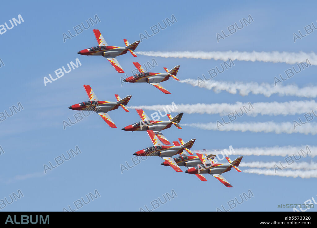 Spanish aerobatic team Patrulla Aguila with their C-101EB planes, performing at the International Marrakech Air Show (IMAS) 2016 in Morocco.