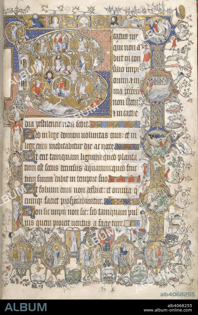 Beatus page. St Omer Psalter. England [Mulbarton, co. Norfolk?]; circa 1325-1330. [Whole folio] Psalm 1, beginning with initial 'B', the Tree of Jesse. Branches spring from Jesse, and include miniatures of David, Solomon, the Virgin and Child, and Moses and Elijah. Borders with nine medallions with scenes from Genesis, from the Creation to the Drunkenness of Noah; with many figures, animals, and birds. In lower border, two praying figures, representing the owners of the book; the man clothed in arms of the St Omer family  Image taken from St Omer Psalter.  Originally published/produced in England [Mulbarton, co. Norfolk?]; circa 1325-1330, and early 15th century. . Source: Yates Thompson 14, f.7. Language: Latin.