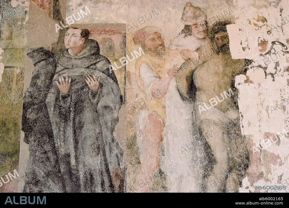 Quito, Pichincha province, Ecuador. San Francisco monastery (Franciscan; built from 1535-1605).-The Passion of Christ (picture of a Franciscan monk added later).-Fresco, anonymous, 16th century.