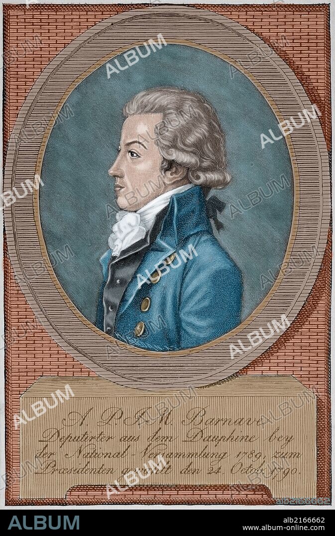 Antoine Pierre Joseph Marie Barnave (1761-1793). Político francés, y junto con Honoré Mirabeau, uno de los más influyentes oradores de la primera parte de la Revolución Francesa. Uno de los miembros fundadores de los Feuillants. Grabado coloreado de " La Historia de Francia", año 1881.
