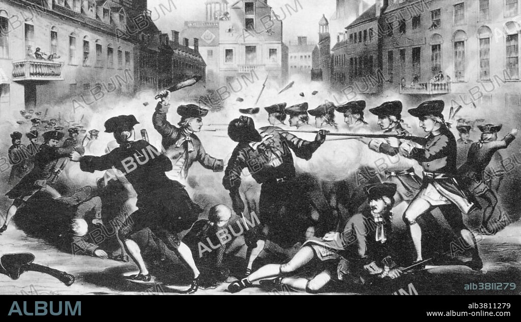 A lithograph of the Boston Massacre on March 5th, 1770. Five civilians were killed by British troops in Boston after an argument broke out between a sentry and a local merchant. Among them was the black sailor and ex-slave, Crispus Atticus, depicted in the foreground of this illustration. The Boston Massacre, as it came to be known, was one of many events that eventually triggered the American Revolution.