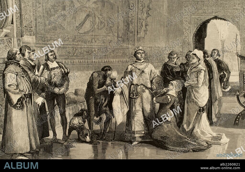LEONOR DE CASTILLA (1307-1359). Infanta de Castilla. Reina consorte de Alfonso IV de Aragón. "Leonor de Castilla pide justicia al rey Pedro I de Castilla". Grabado por Rico. "La Ilustración Española y Americana", 1879.