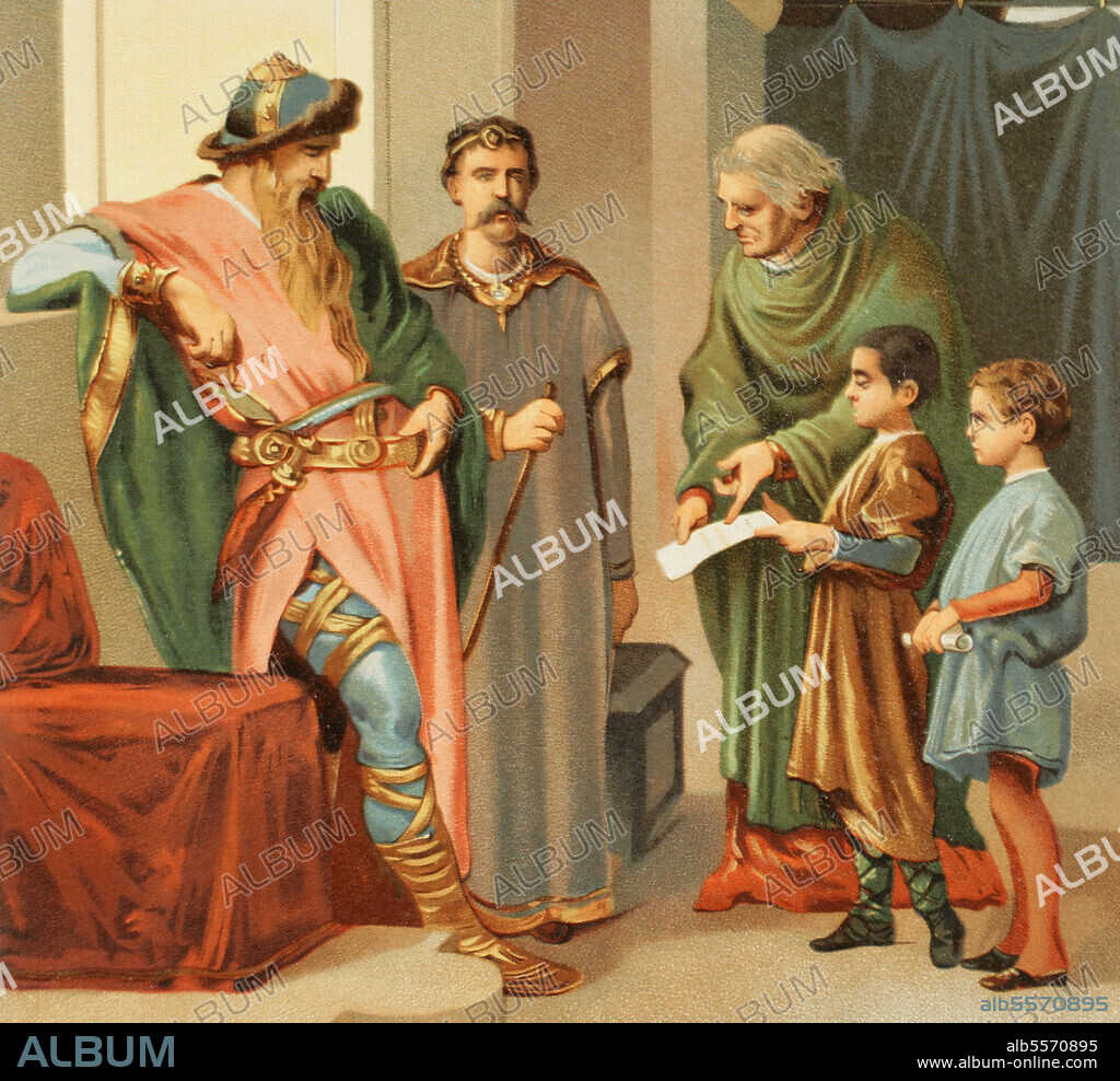 Europa. Imperio Carolingio. Siglo VIII. El emperador Carlomagno visitando las escuelas. Cromolitografía, detalle. Historia Universal, por César Cantú. Tomo IV. Publicado en Barcelona, 1881.