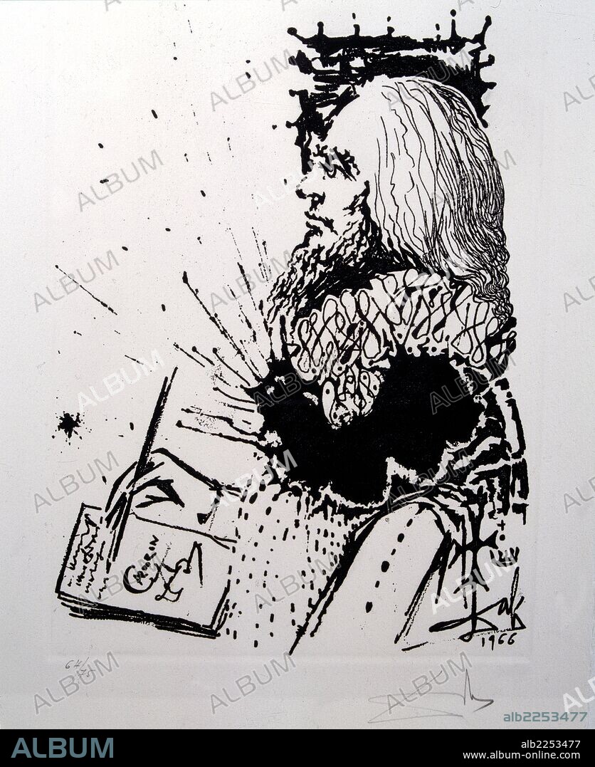 SALVADOR DALÍ. CALDERON DE LA BARCA, PEDRO. ESCRITOR ESPAÑOL. MADRID 1600-1681. RETRATO DE CALDERON EN UN AGUAFUERTE POR. SALVADOR DALI , A ÑO 1966, PARA ILUSTRAR. " LA VIDA ES SUEÑO ".