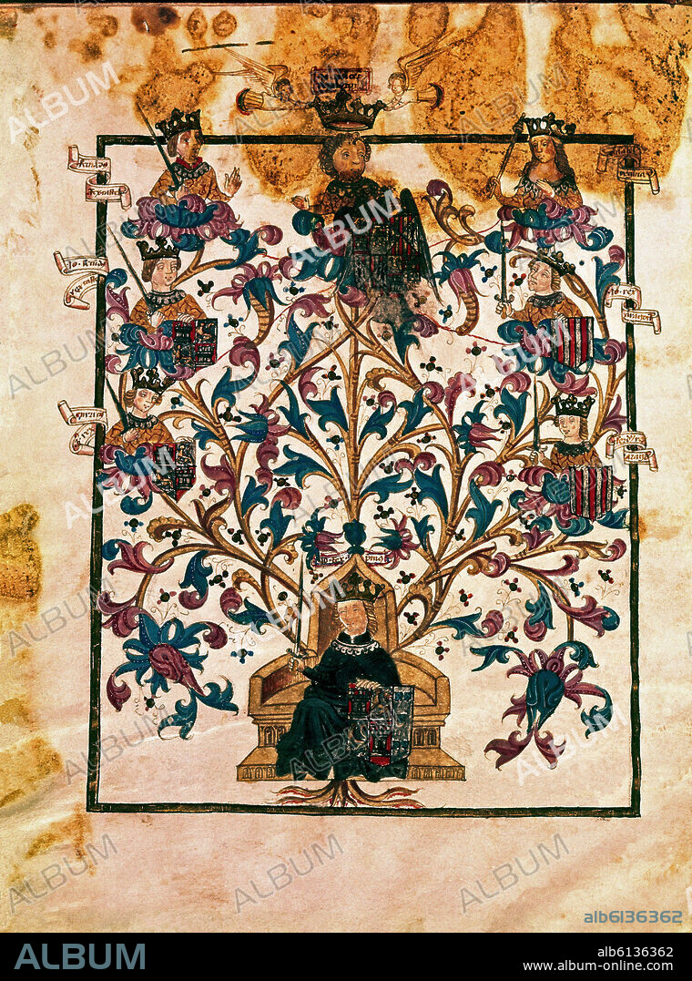 PALMA BACHILLER SIGLO XVI. ARBOL GENEALOGICO DE JUAN II (1406-54) Y DE LA DINASTIA TRASTAMARA - MINIATURA DEL SIGLO XVI.