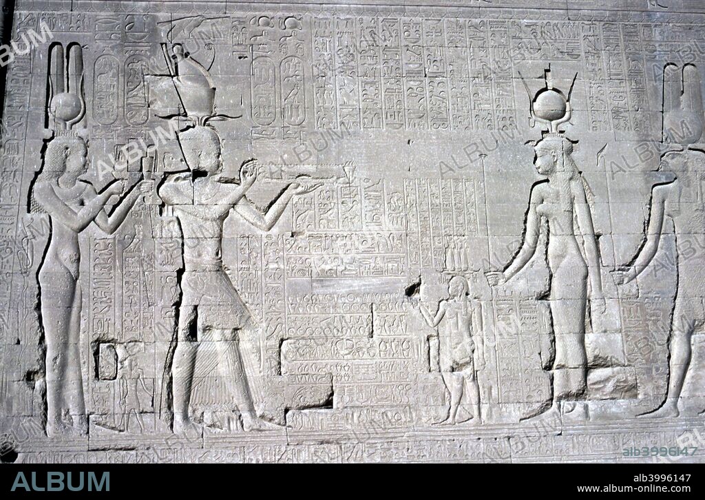 Relief of Cleopatra VII and Caesarion (her son by Julius Caesar) before Isis and Osiris, Temple of Hathor dedicated to Hathor and Horus the Elder, Abydos, Egypt, late Ptolemaic & Roman Periods, c125 BC-c60 AD.