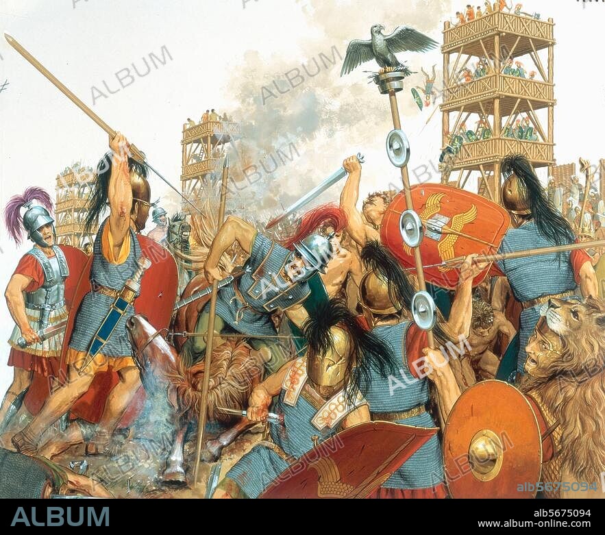Gallischer Krieg, 58-51 v. Chr. Belagerung der von Vercingetorix verteidigten gallischen Stadt Alesia (heute Alise-Sainte-Reine) durch die Römer unter Caesar, 52 v. Chr. Gallischer Entlastungsangriff auf die römischen Belagerungslinien. Aquarell, undat., von Peter Connolly. (1935-2012).