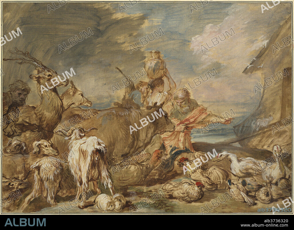 GIOVANNI BENEDETTO CASTIGLIONE. Noah Leading the Animals into the Ark. Dated: c. 1645. Dimensions: overall: 39.4 x 54.8 cm (15 1/2 x 21 9/16 in.). Medium: brush and oil paint on brown laid paper.