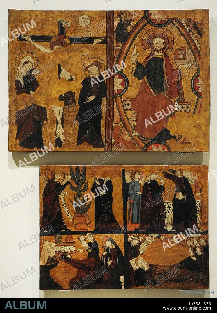 Anónimo, Castilla. Tablas de la Tumba de Sancho Sánchez Carrillo, hacia 1295. Detalle con la representación de, de izqda. a dcha. y de arriba a abajo, Crucifixión, Cristo Majestad, Anunciación, Natividad, Dormición y Coronación de la Virgen. Procede de la Ermita de San Andrés de Mahamud, Burgos. Museo Nacional de Arte de Cataluña. Barcelona. Cataluña. España.