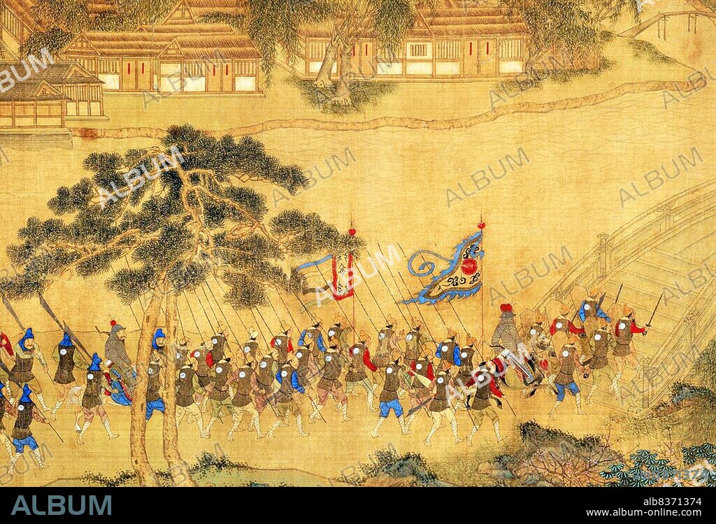 In the waning years of the Yuan dynasty (1279-1368), <i>wokou</i> (Japanese pirates) raided the coastal provinces of eastern China with increasing regularity. Despite suffering defeat in Shandong in 1363, raiding parties continued, pushing even farther south along the coast to Fujian Province.<br/><br/>. The scroll in its entirety shows a party of Japanese pirates landing in a coastal community, scouting and raiding local residences, the flight of refugees, and the response of Ming troops who defend the area in a pitched battle on the water.