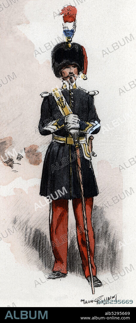 MAURICE TOUSSAINT. Francia. Uniformes de regimiento franceses. Tambor mayor de infantería ligera en 1848. Grabado de 1945.