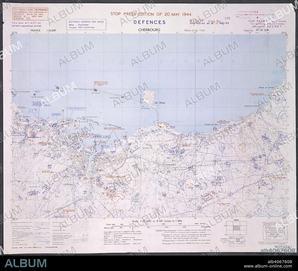 Cherbourg. The French coast. 'Utah beach.' A map of the Second World War.  American troops isolated and captured the fortified port. France 1:25,000 Defences, Bigot. [London] : War Office, 1944. Source: Maps 14317.(259.) 31/22 SW.