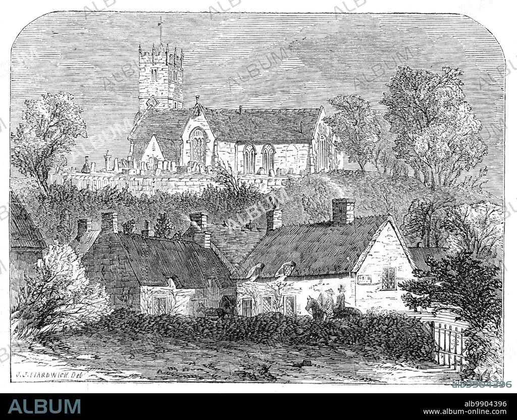 Godshill Church, Isle of Wight, 1861. 'On the summit of...a picturesque and somewhat precipitous hill amid a wealth of foliage...rises a grey and ancient church, of considerable architectural beauty, and its sides are dotted with green graves and time-soiled tombs, wherein "the forefathers of the hamlet sleep". The village derives its name, Godshill, evidently enough, from the singular position of its admirable church on this lone, abrupt hill...The church (of which the old tradition is told, so common elsewhere to explain the position of  sacred edifices on elevated or otherwise inconvenient sites, of spirits, either good or evil, transporting the materials from the valley below during the night, until the builders were constrained to acquiesce in the change of situation) stands on an isolated knoll, whose broken sides, rich in colouring and profuse vegetation, offer many tempting studies to an artist...the isolation of the knoll affords unbroken prospects on all sides'. From "Illustrated London News", 1861.