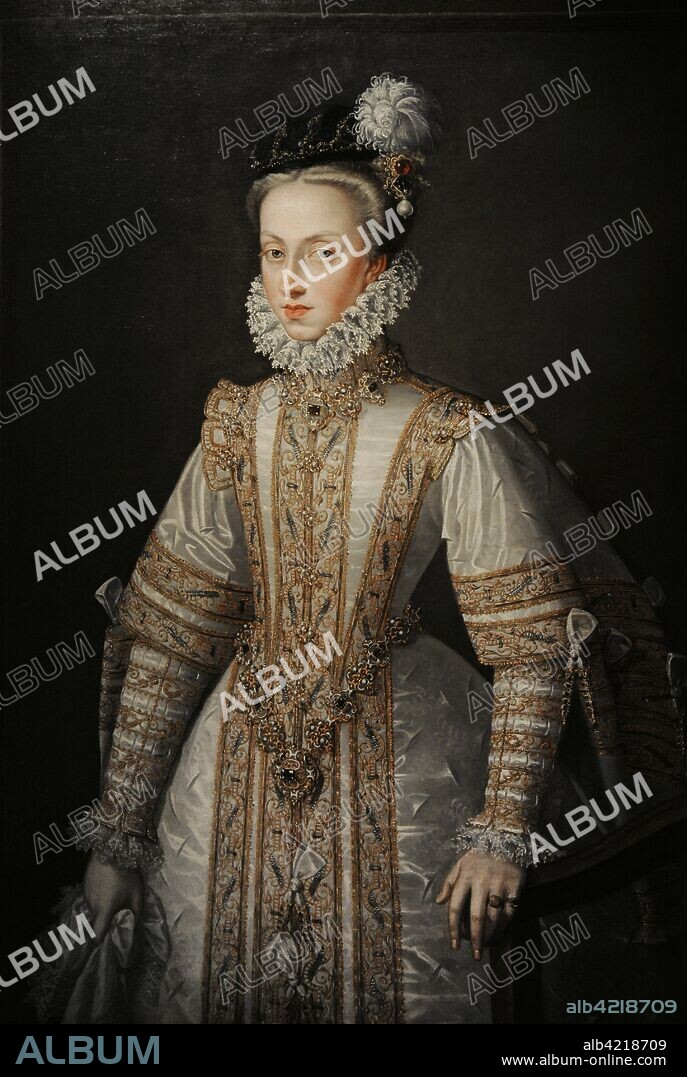 Ana de Austria (1549-1580). Reina de España, cuarta esposa de Felipe II. Retrato por Alonso Sánchez Coello (1531-1588), hacia 1571. Museo Lázaro Galdiano. Madrid. España.