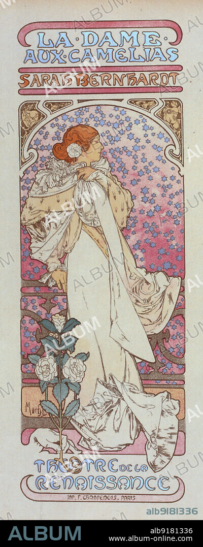 ALPHONSE MUCHA. Affiche pour le Théâtre de la Renaissance, "la Dame aux Camélias"., c1898. [Publisher: Imprimerie Chaix; Place: Paris].