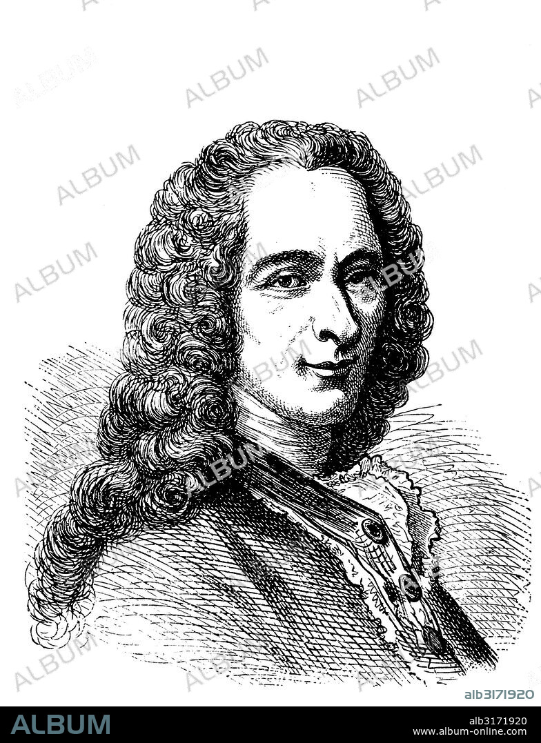Francois marie voltaire, 1694 - 1778, french author, woodcut from 1880.