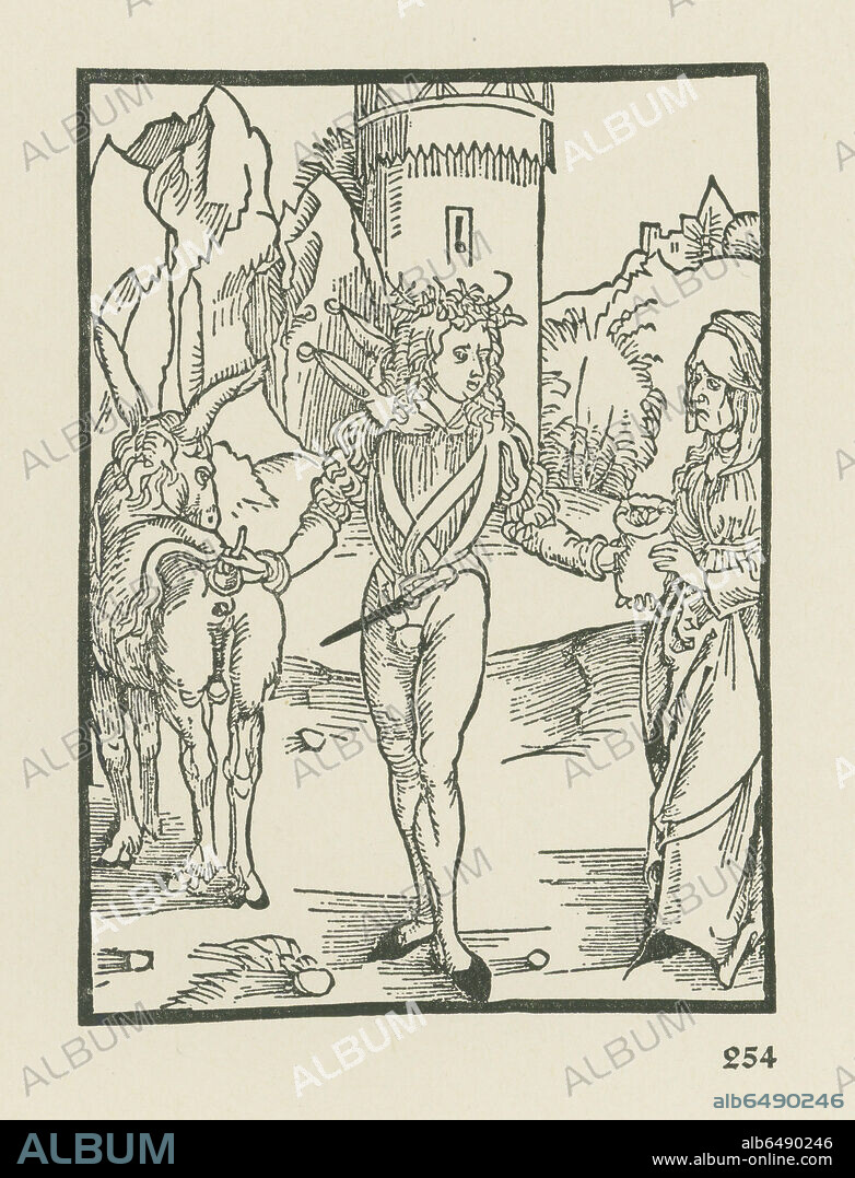 ALBRECHT DÜRER. Wiben durch gutz willen (Von Geldheiraten). Illustration to "Das Narrenschiff" by Sebastian Brant. Published by Johann Bergmann von Olpe, Basel, 11 February 1494. Woodcut, 116 x 84mm. (fol.H8v., Chapter 52).